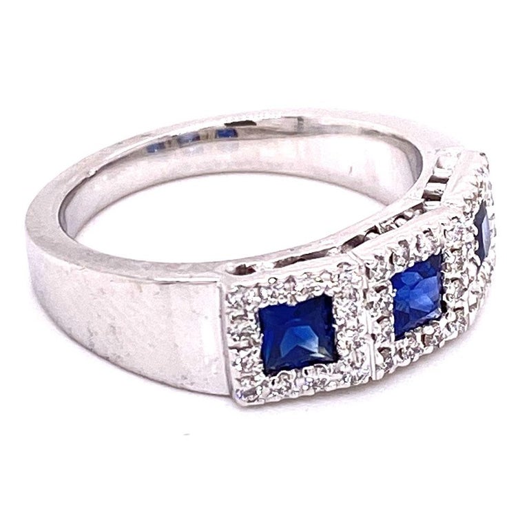 Princess Cut Sapphire Diamond 18 Karat White Gold Wedding Anniversary Band Ring