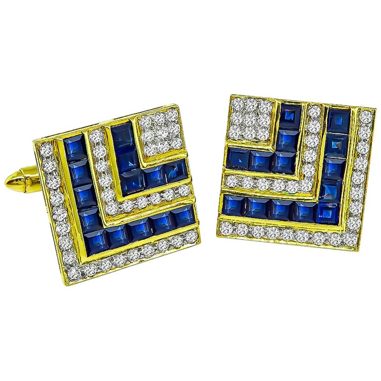 Sapphire Diamond 18 Karat Yellow Gold Cufflinks For Sale