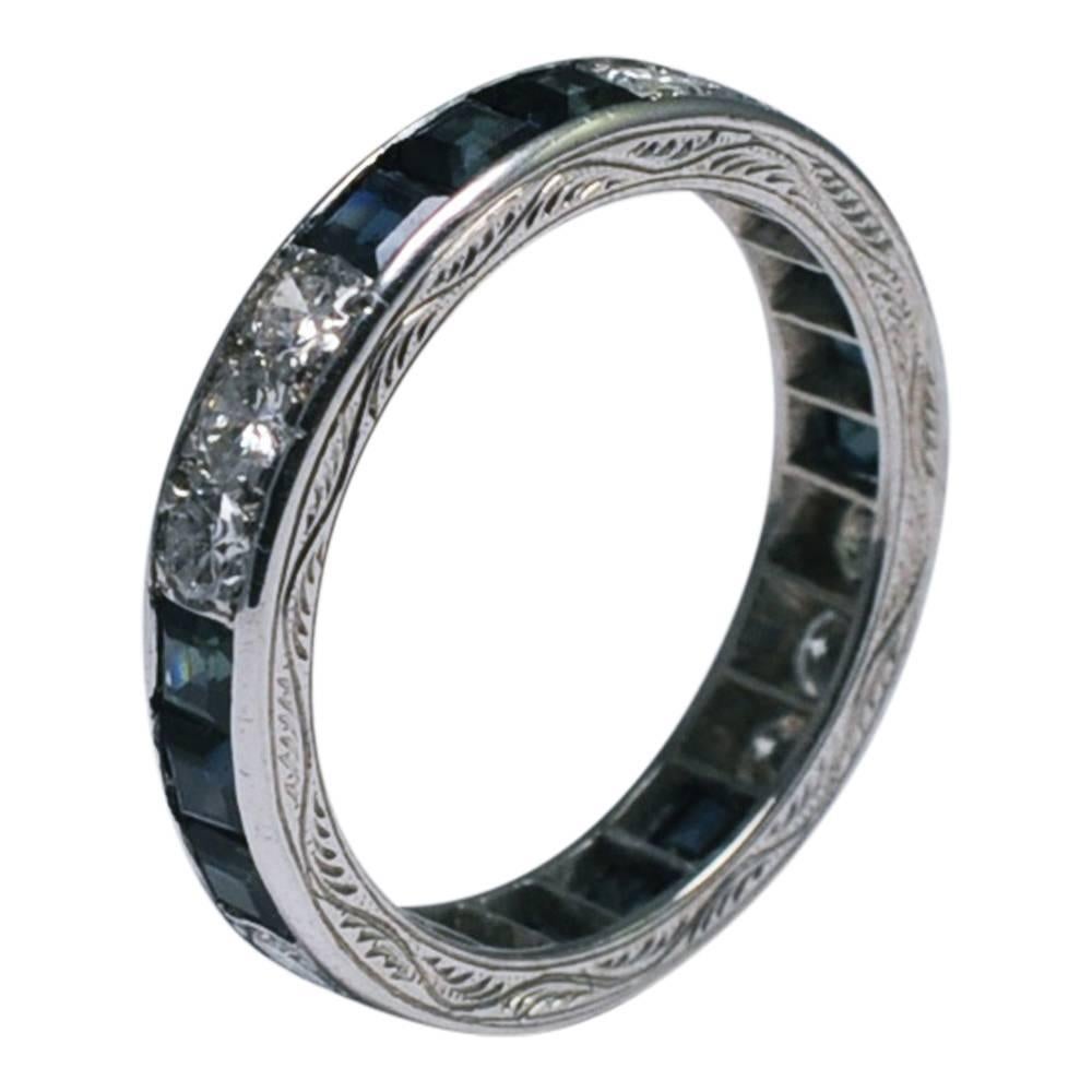 Round Cut Sapphire Diamond 18 Carat Gold 1930s Eternity Ring For Sale