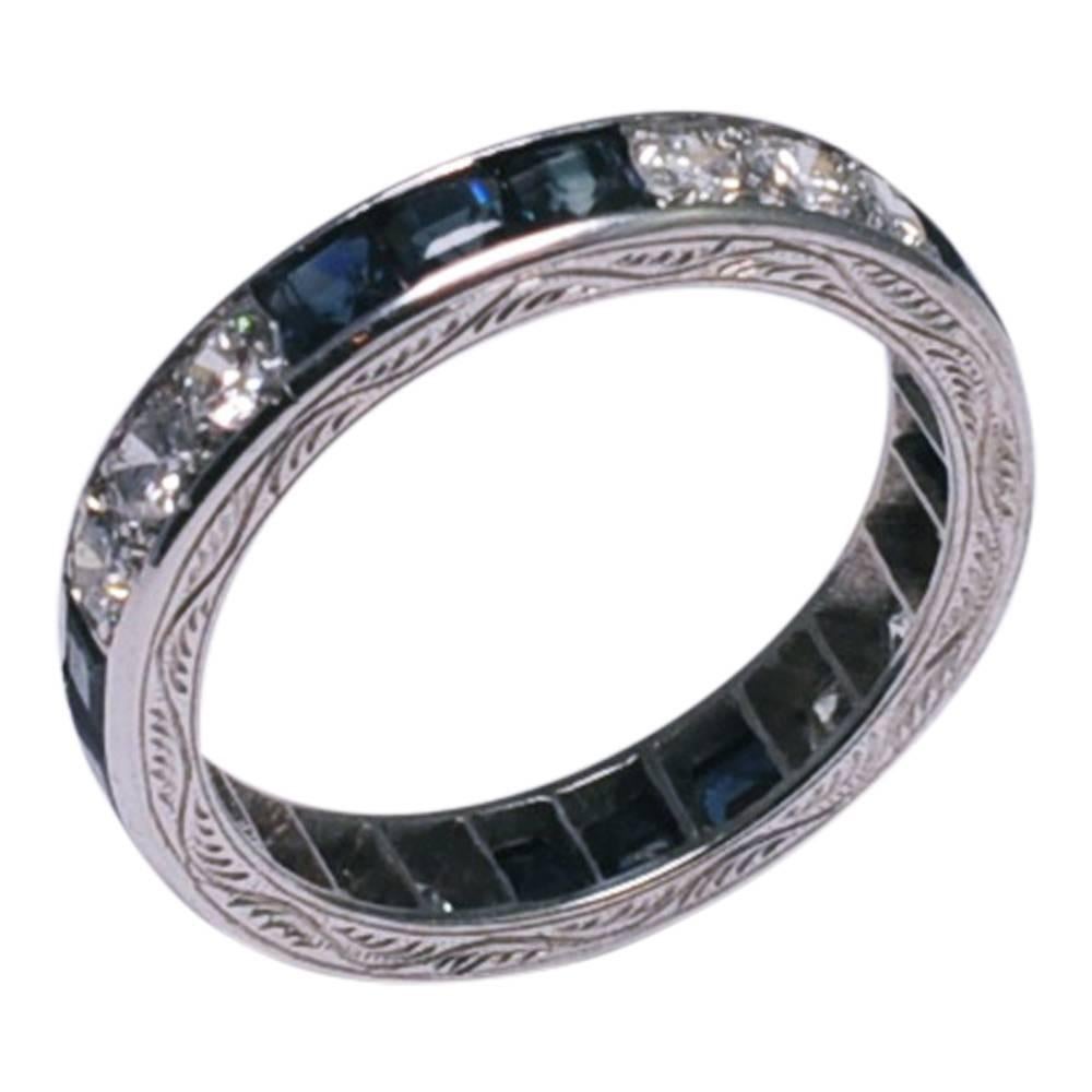 Women's Sapphire Diamond 18 Carat Gold 1930s Eternity Ring For Sale