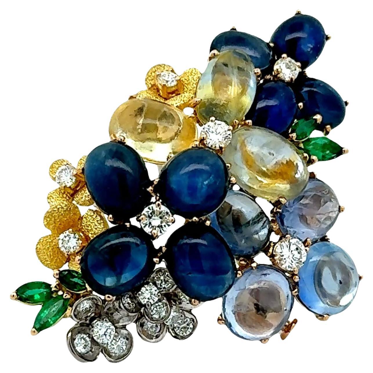 Broche fleur saphir diamant or 18k bicolore