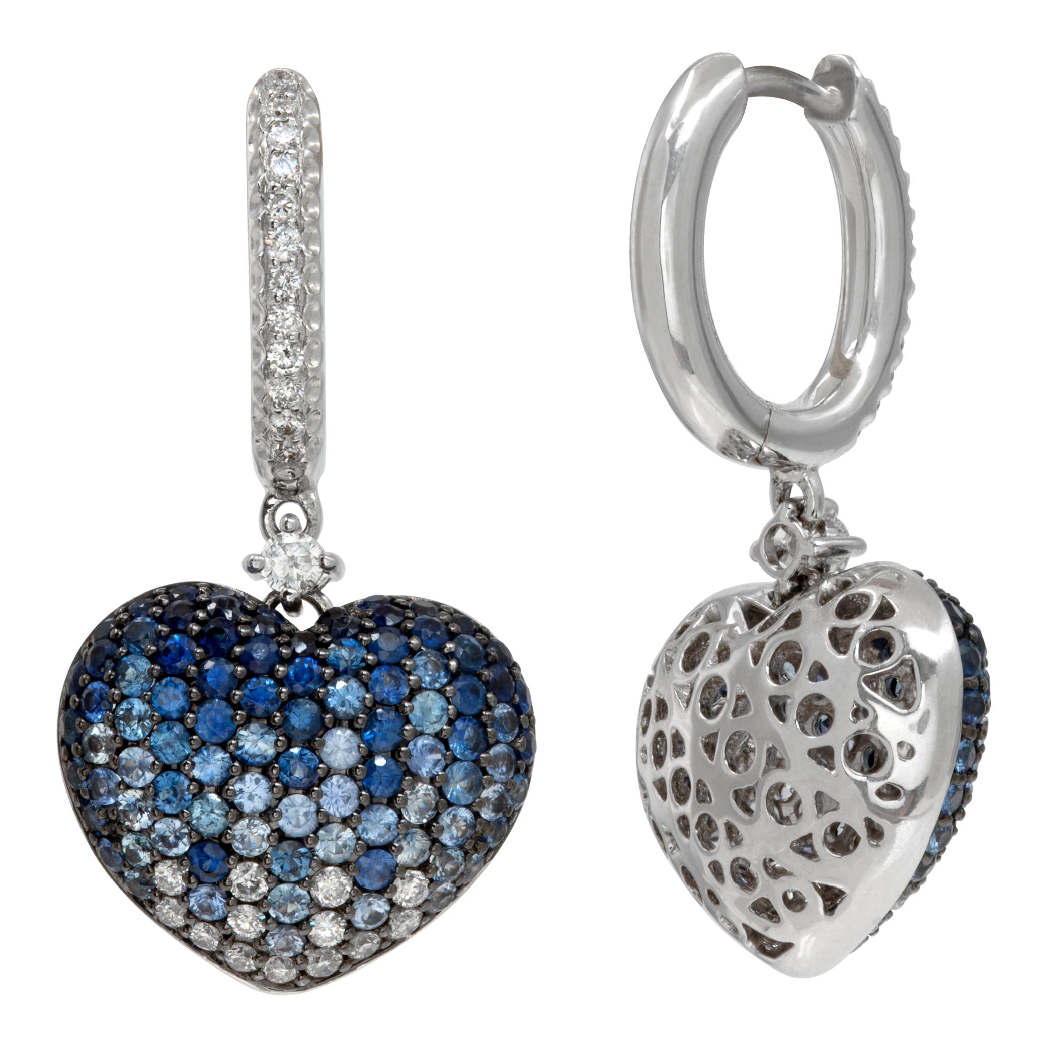 Women's Sapphire & diamond 18k white gold heart dangling earrings For Sale