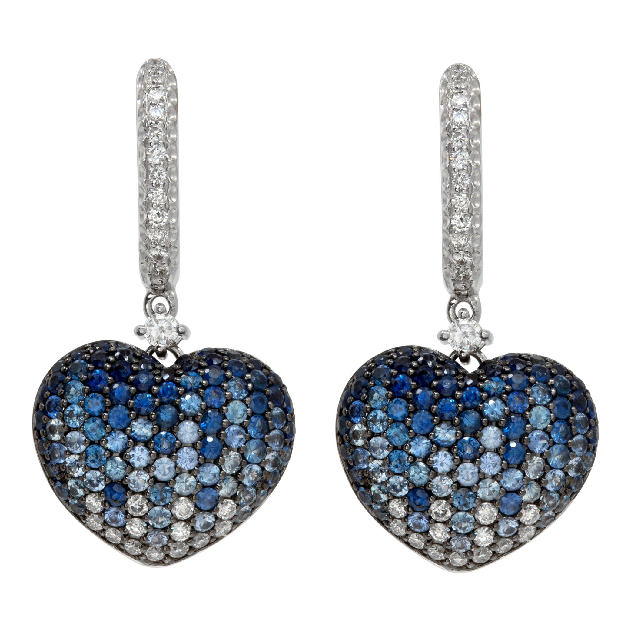 Sapphire & diamond 18k white gold heart dangling earrings For Sale