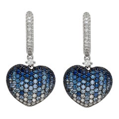 Sapphire & diamond 18k white gold heart dangling earrings