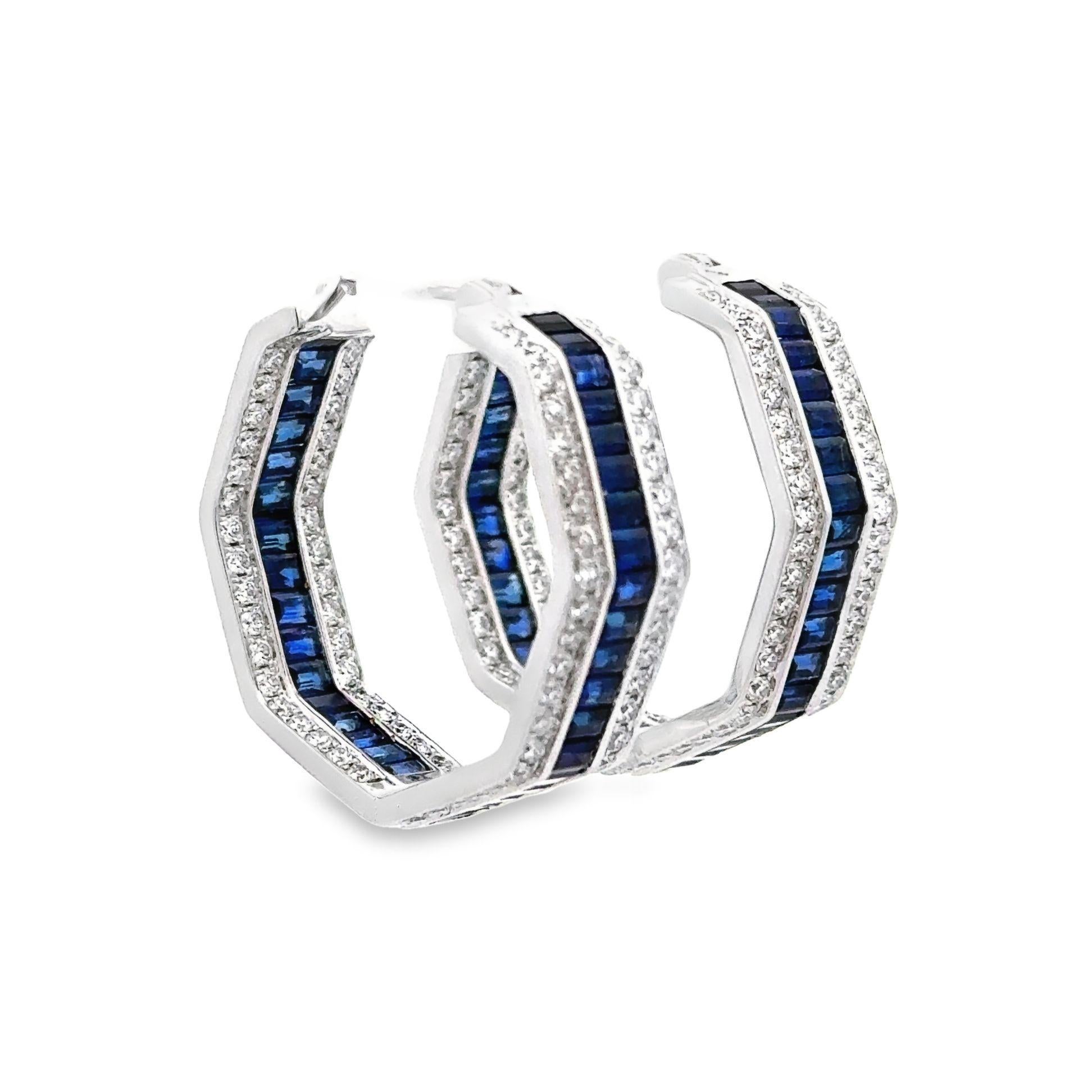 Made in 18kt white gold, these stunning medium hoops are suitable for a glamorous outfit or casual wearing. Surrounding the 7.47 carats of beautiful rich blue baguette-cut sapphires are a perfect pave-set of 2.20 carats round brilliant-cut diamonds.