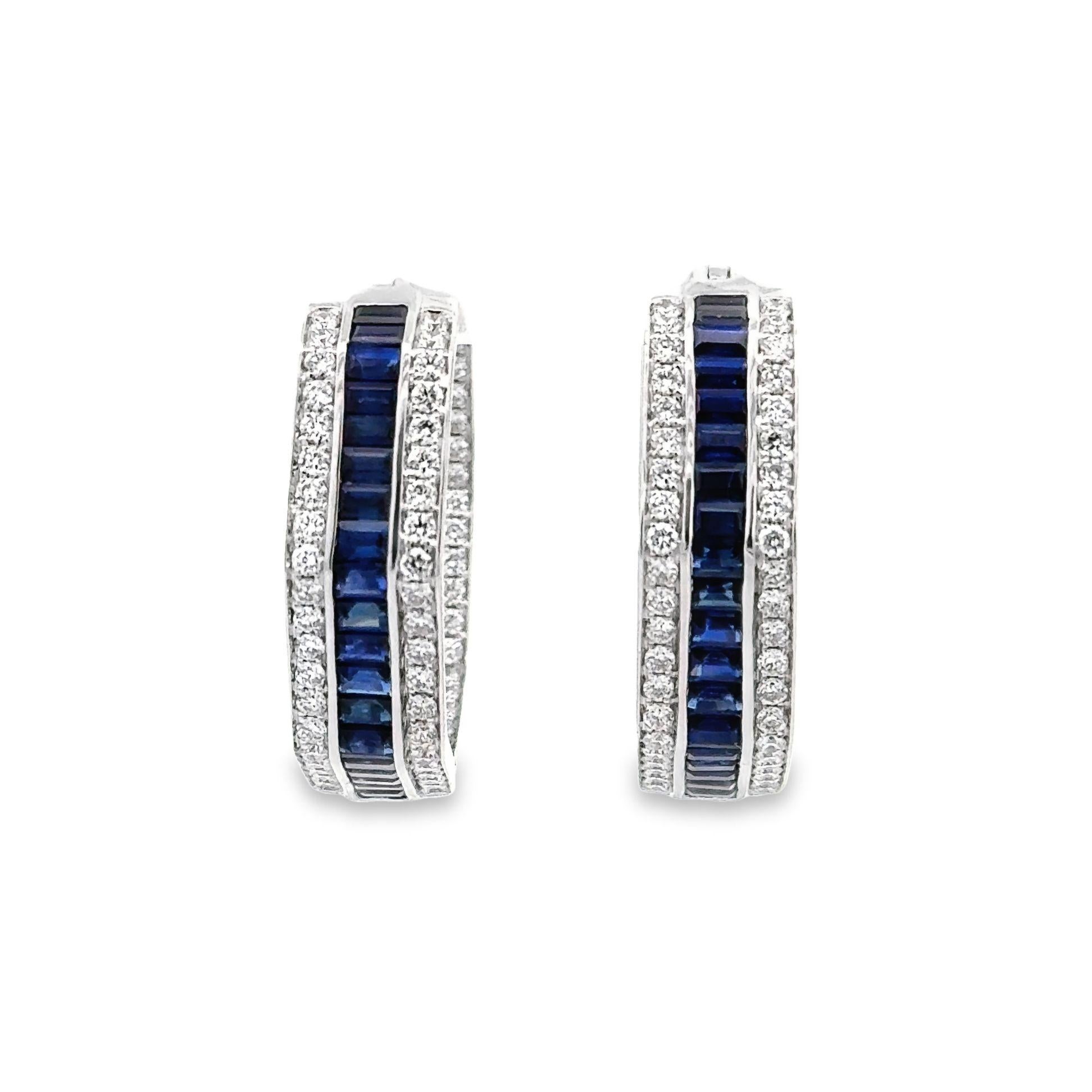 Sapphire & Diamond 18k White Gold Medium Round Hoops In New Condition For Sale In Beverly Hills, CA