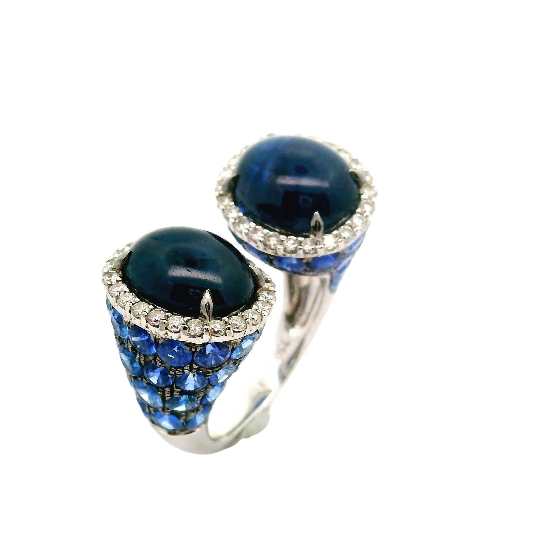 Cabochon Sapphire Diamond 18k White Gold Open Ring For Sale