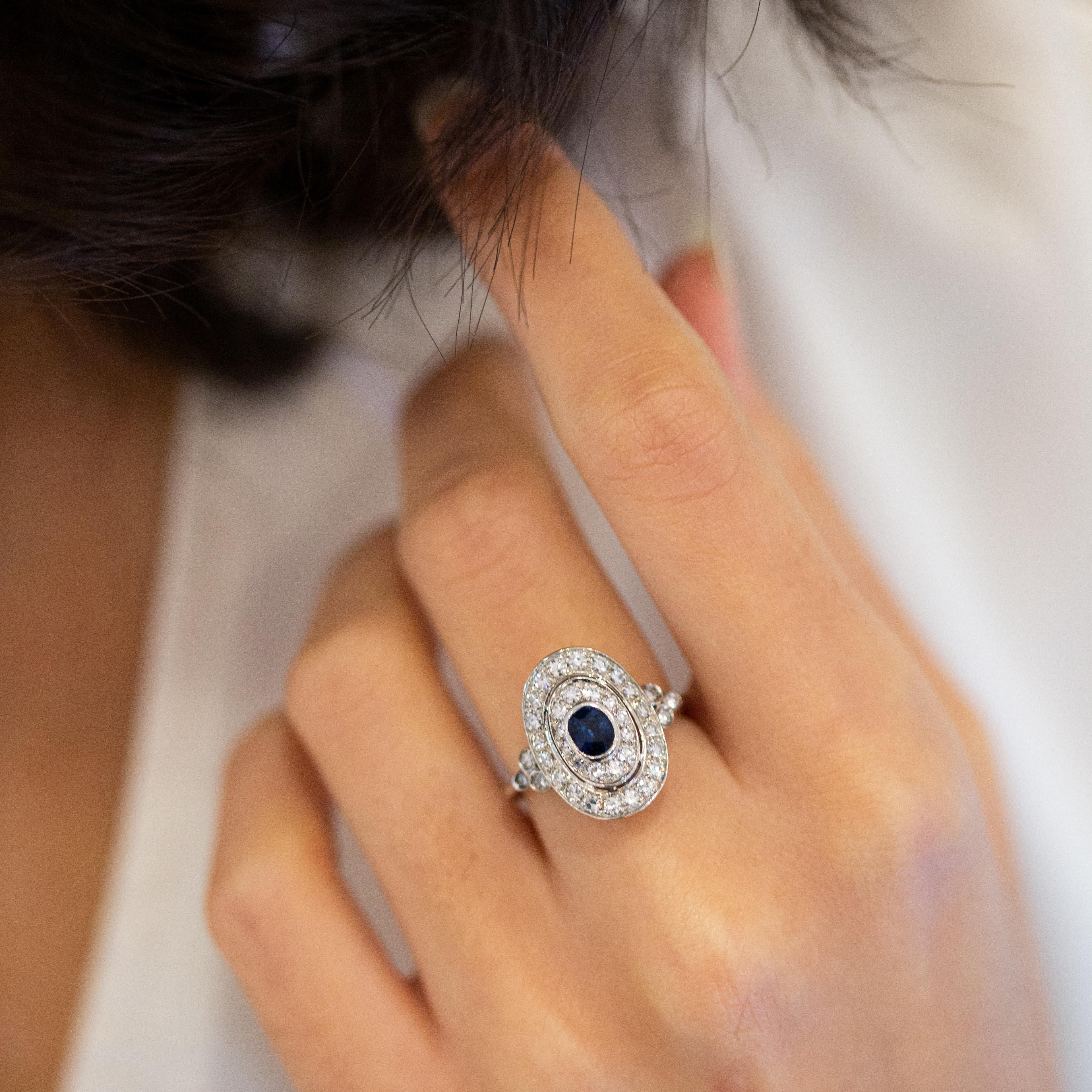 Art Deco Sapphire Diamond 18K White gold Ring For Sale