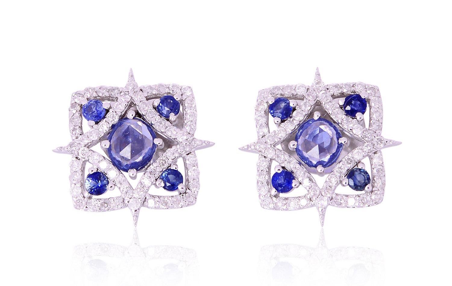 Artisan Sapphire Diamond 18 Karat White Gold Stud Earrings For Sale