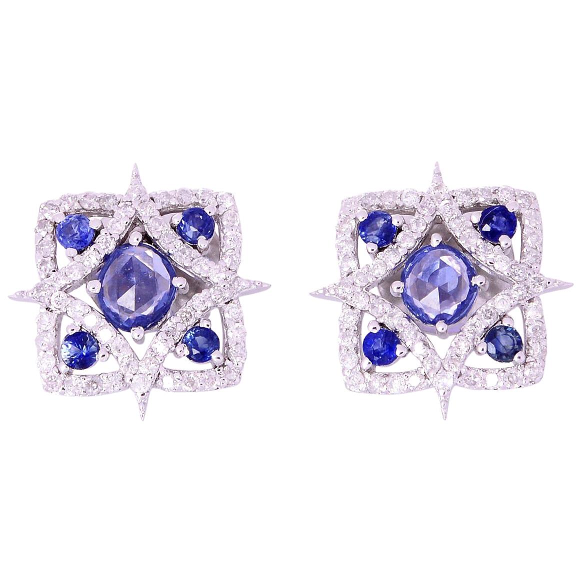 Sapphire Diamond 18 Karat White Gold Stud Earrings For Sale