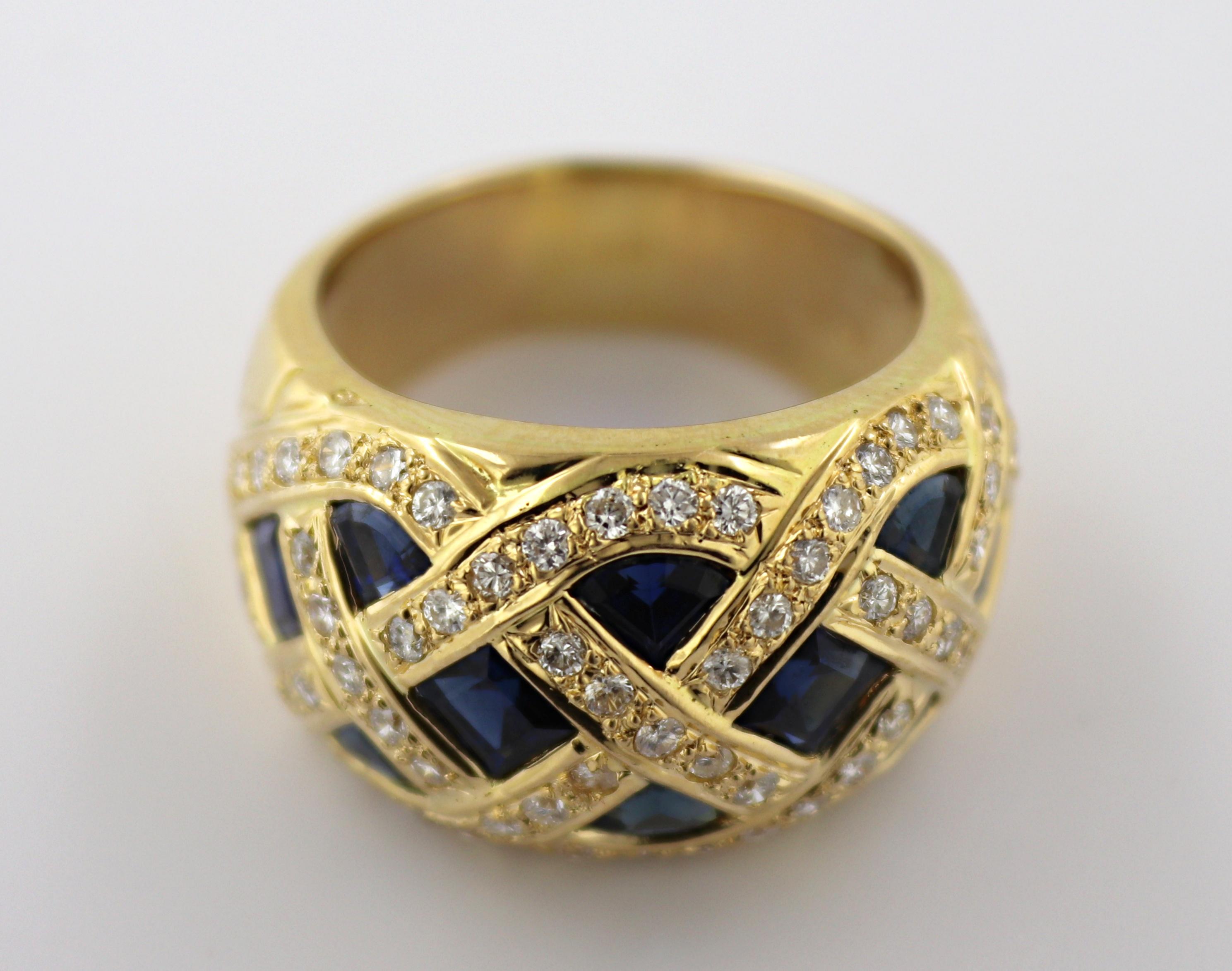 Artisan Sapphire, Diamond, 18k Yellow Gold Basket Ring For Sale