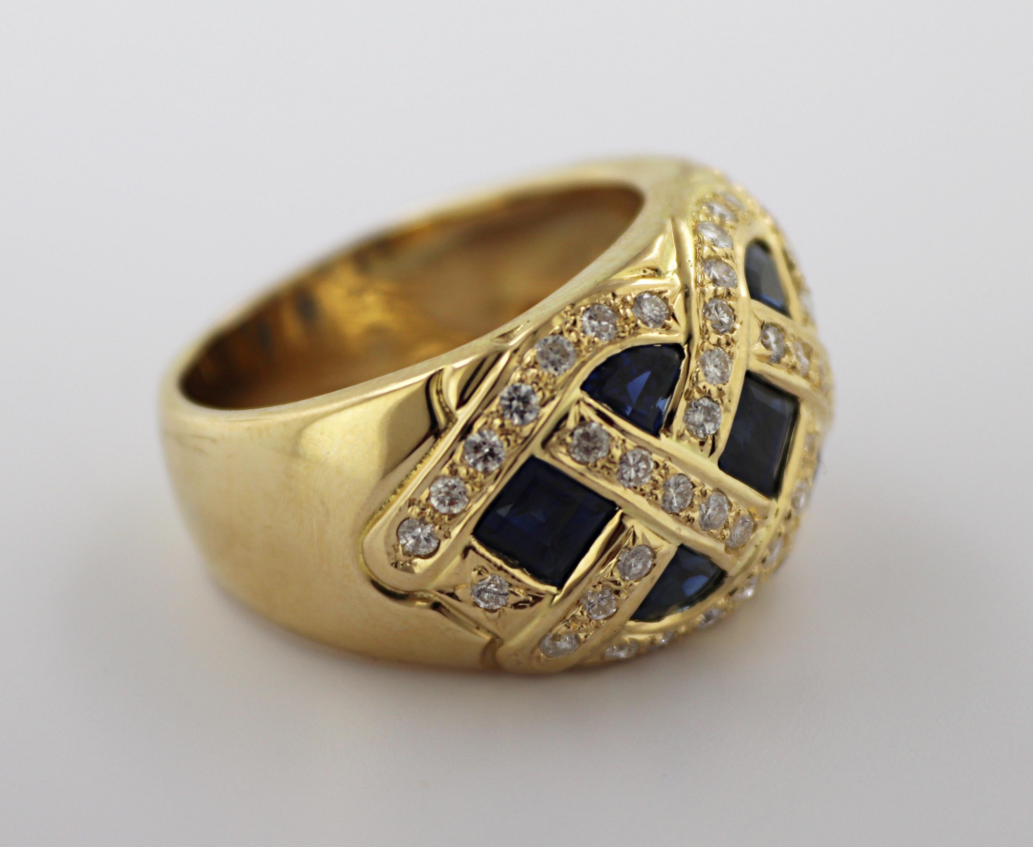 Mixed Cut Sapphire, Diamond, 18k Yellow Gold Basket Ring For Sale