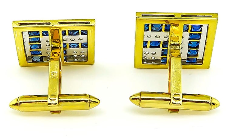 Women's or Men's Sapphire Diamond 18 Karat Yellow Gold Cufflinks For Sale
