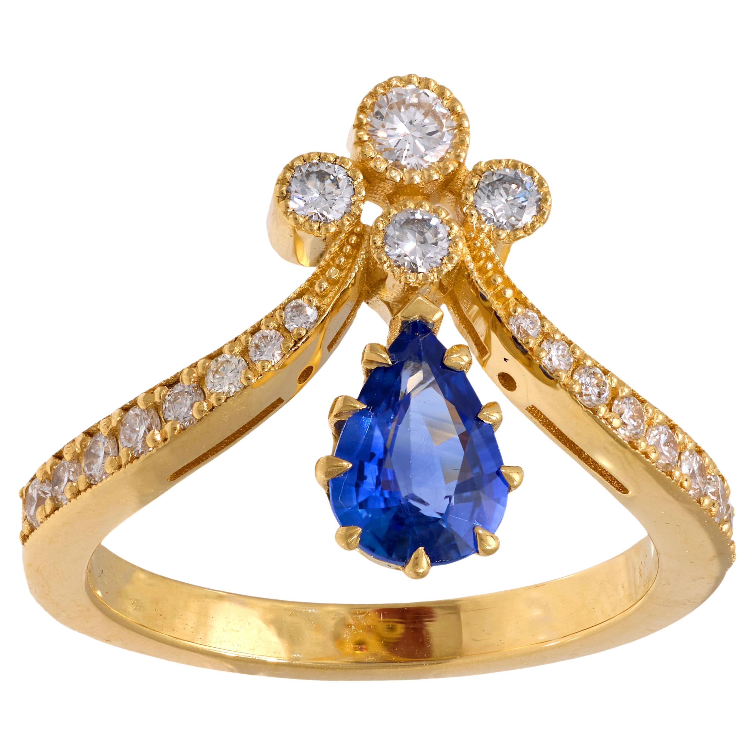 Sapphire diamond 18k yellow gold tiara ring
