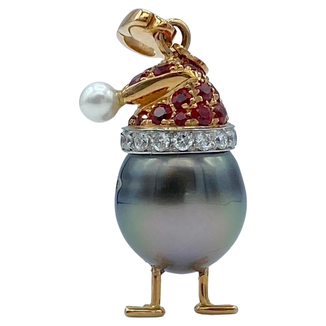 Artisan Sapphire Diamond 18kt Gold Pearl Christmas Chick Charm Pendant/Necklace For Sale