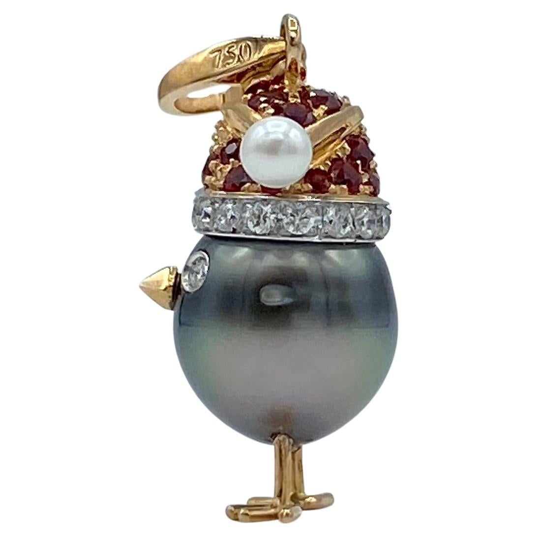 Artisan Sapphire Diamond 18kt Gold Pearl Christmas Chick Charm Pendant/Necklace For Sale