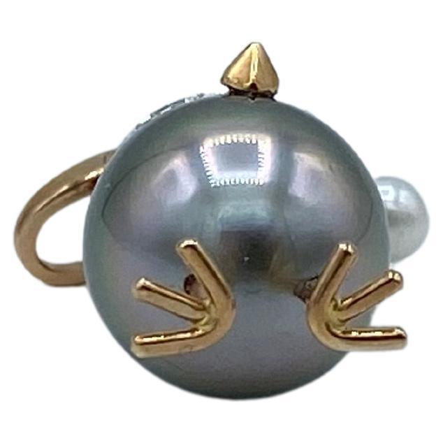 Women's Sapphire Diamond 18kt Gold Pearl Christmas Chick Charm Pendant/Necklace For Sale