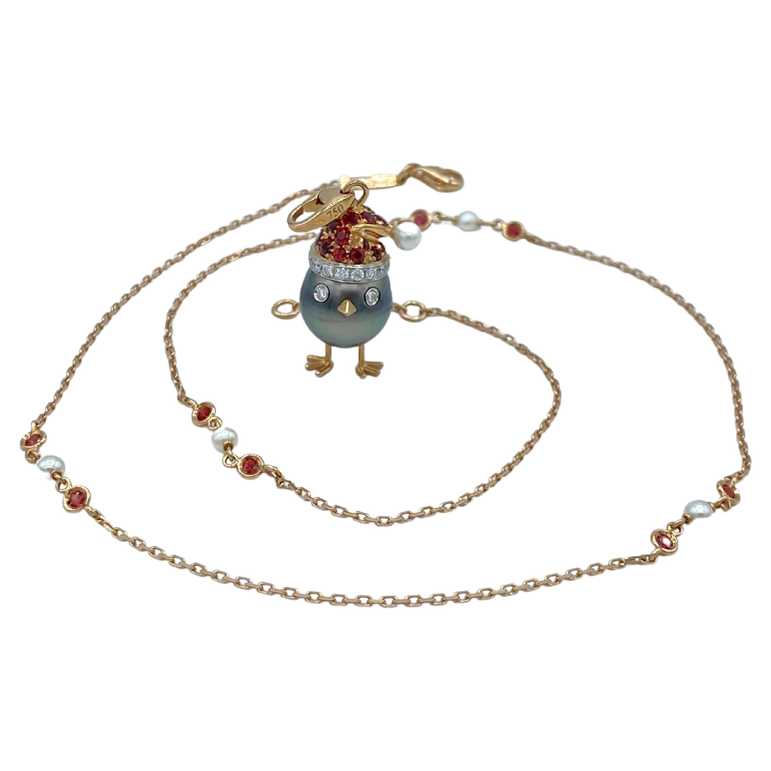 Diamant Saphir Diamant 18kt Gold Perle Weihnachten Chick Charm Anhänger/Halskette im Angebot 1