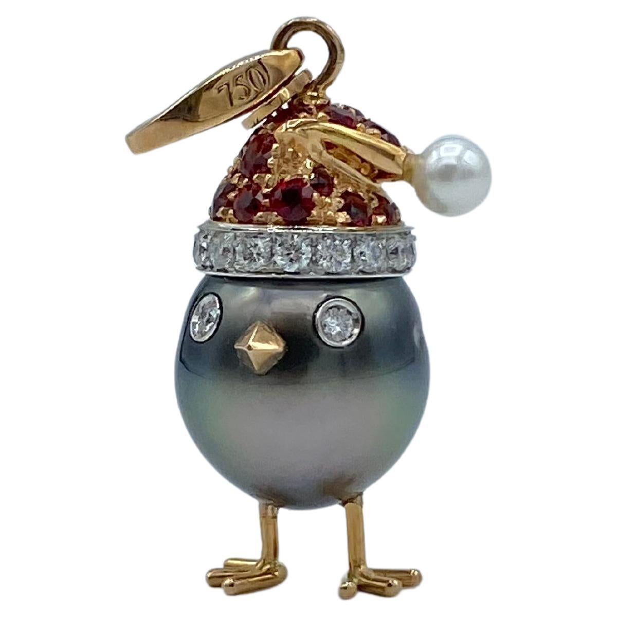 Sapphire Diamond 18kt Gold Pearl Christmas Chick Charm Pendant/Necklace For Sale 1
