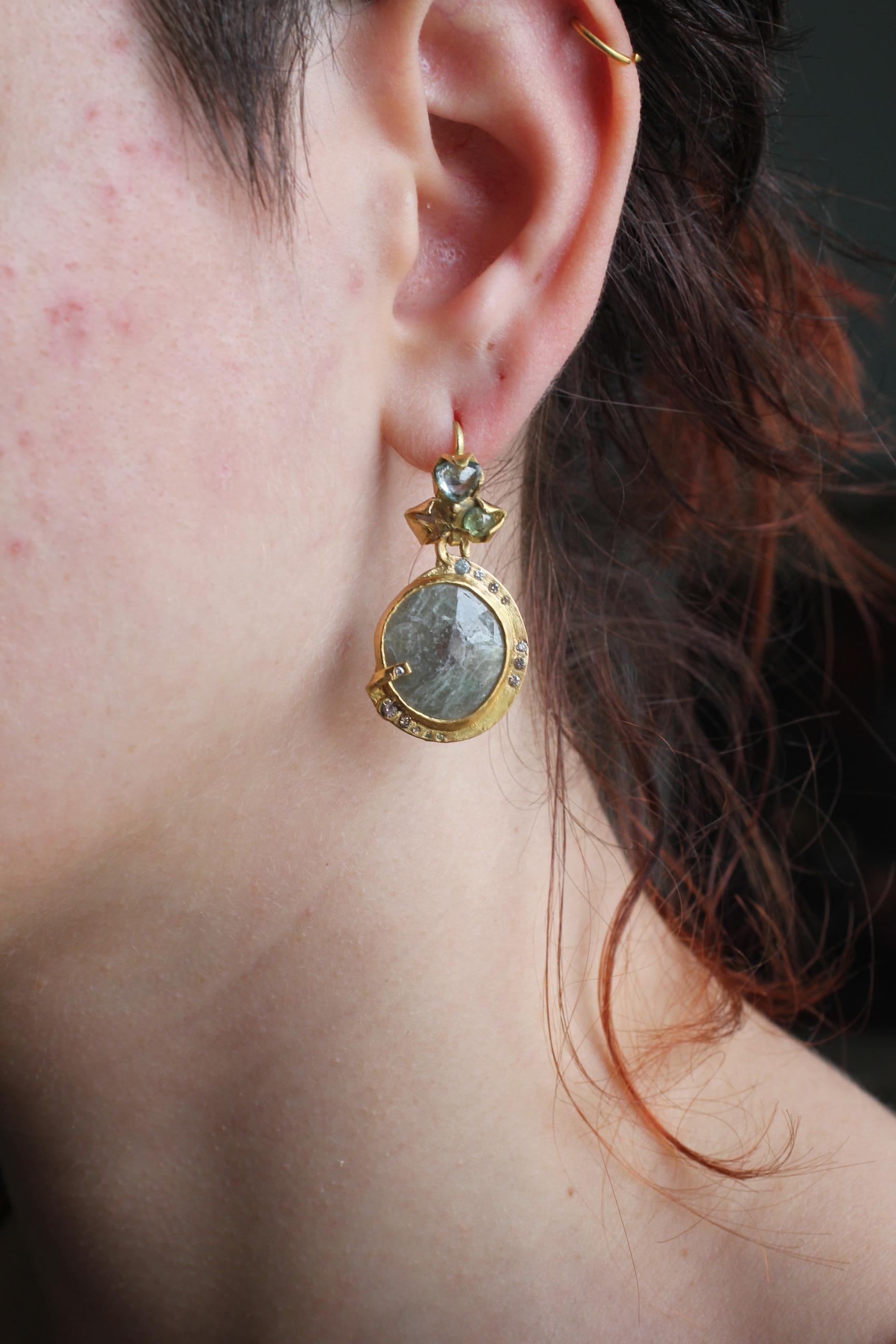 Large Gray Sapphire Diamond 22-21 Karat Gold Dangle Drop Organic Earrings 12