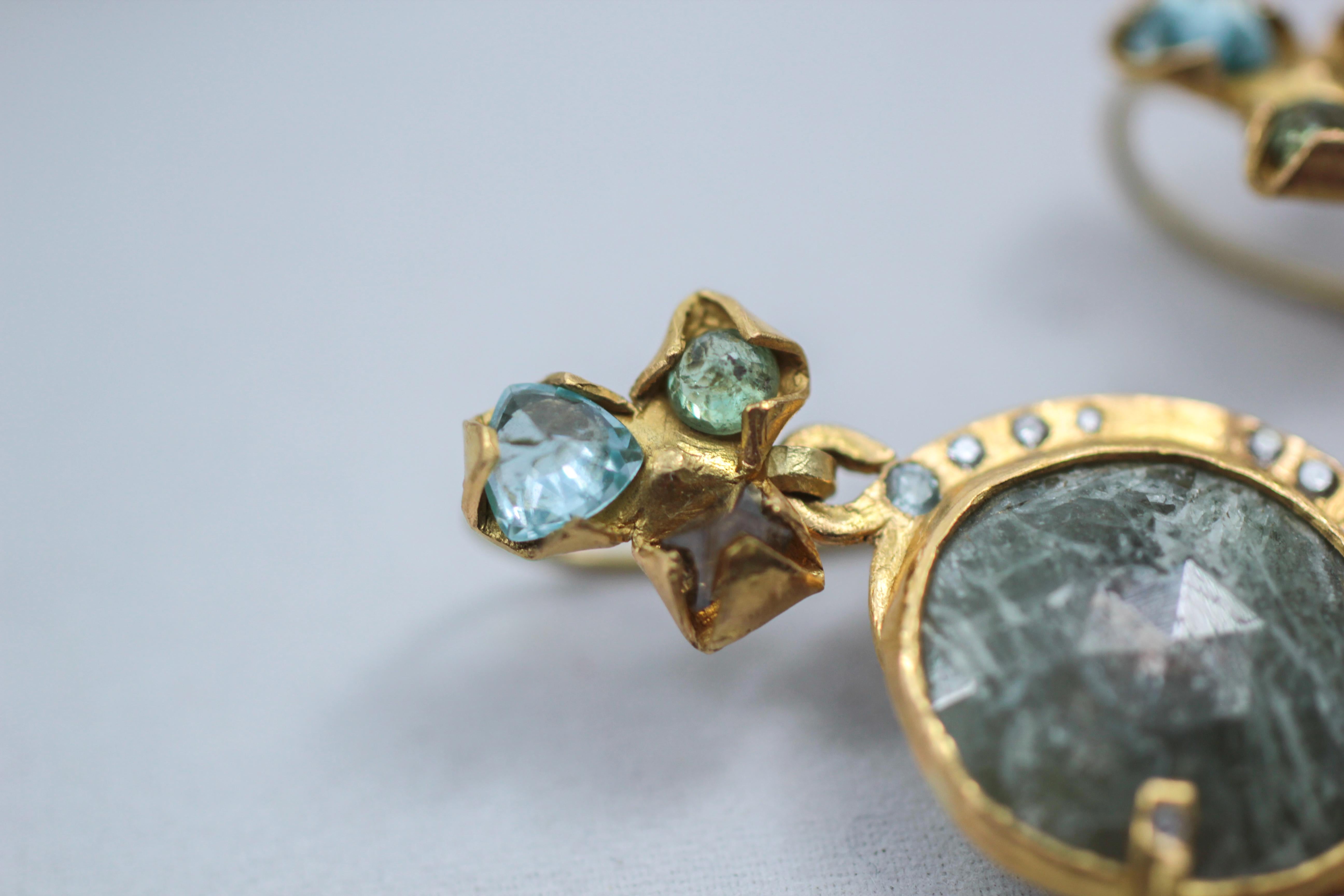 Contemporary Sapphire Diamond 22-21 Karat Gold Dangle Drop Organic Earrings