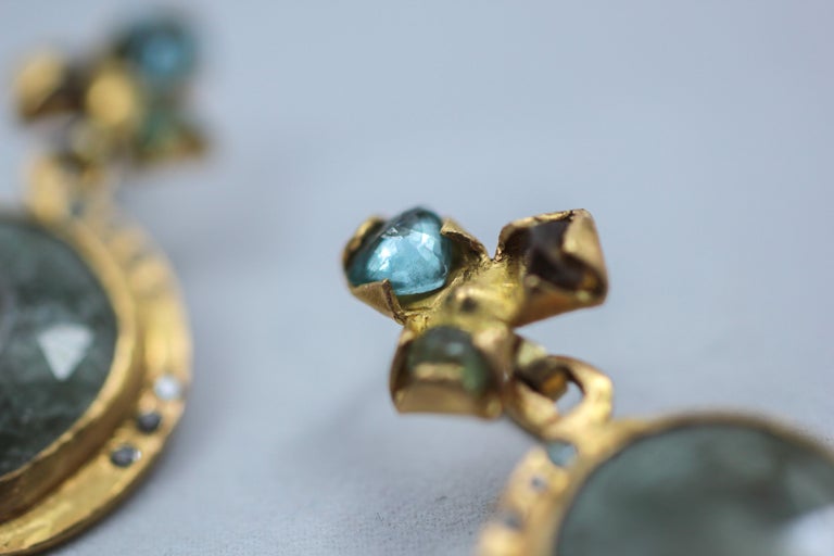 Sapphire Diamond 22-21 Karat Gold Dangle Drop Organic Earrings For Sale 3