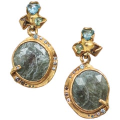 Large Gray Sapphire Diamond 22-21 Karat Gold Dangle Drop Organic Earrings
