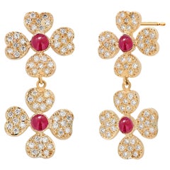 Rubies 1.40 Carat Diamond 1.40 Carat Double Cluster Floral Yellow Gold  Earrings