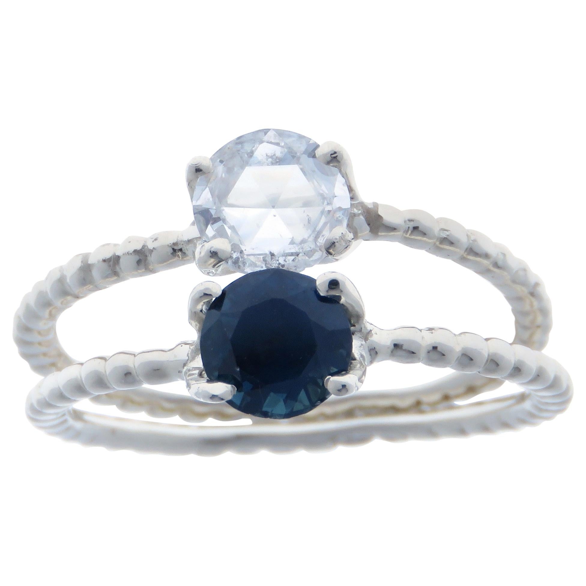 Sapphire Diamond 9 Karat White Gold Stacking Rings Handcrafted in Italy