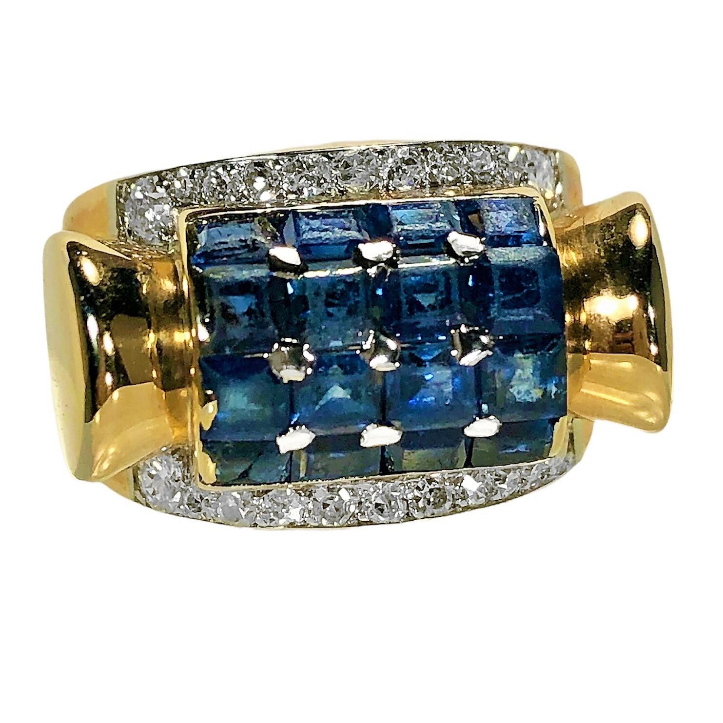 This Retro period 14k pink gold ring is characteristic of the look and feel of items made during the 1940's through 1950's. A dome of sixteen natural blue square cut sapphires with a total approximate weight of 2.00ct is flanked by two rows of