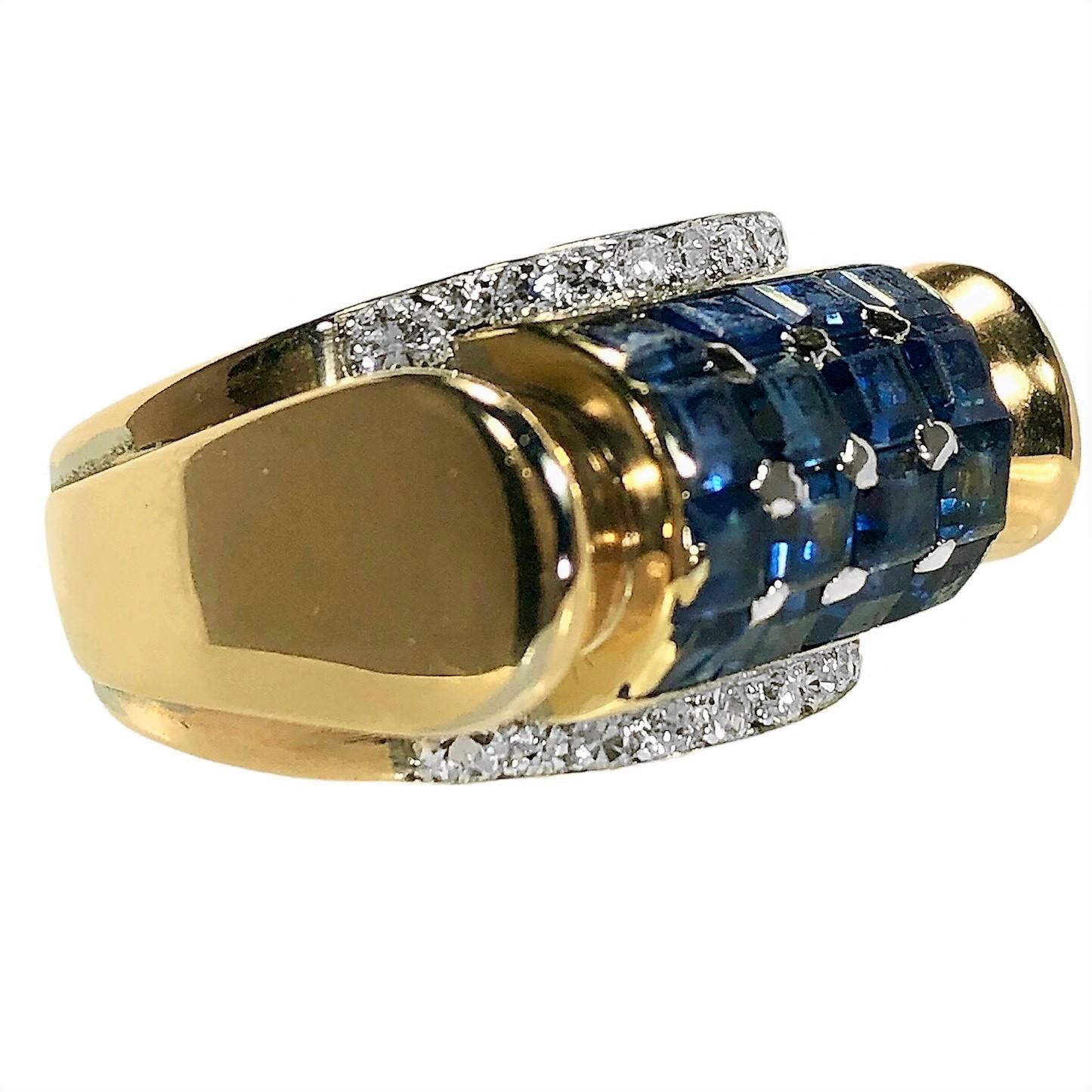 Single Cut Sapphire, Diamond and 14k Pink Gold Retro Period Fashion Ring For Sale