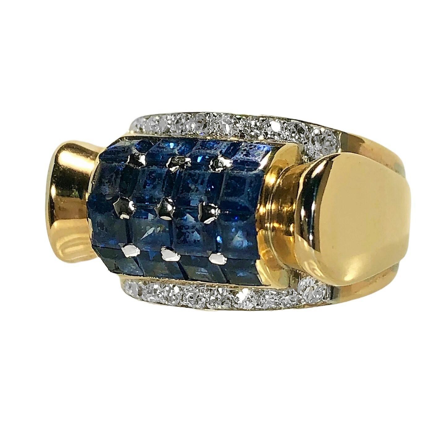 Women's Sapphire, Diamond and 14k Pink Gold Retro Period Fashion Ring For Sale