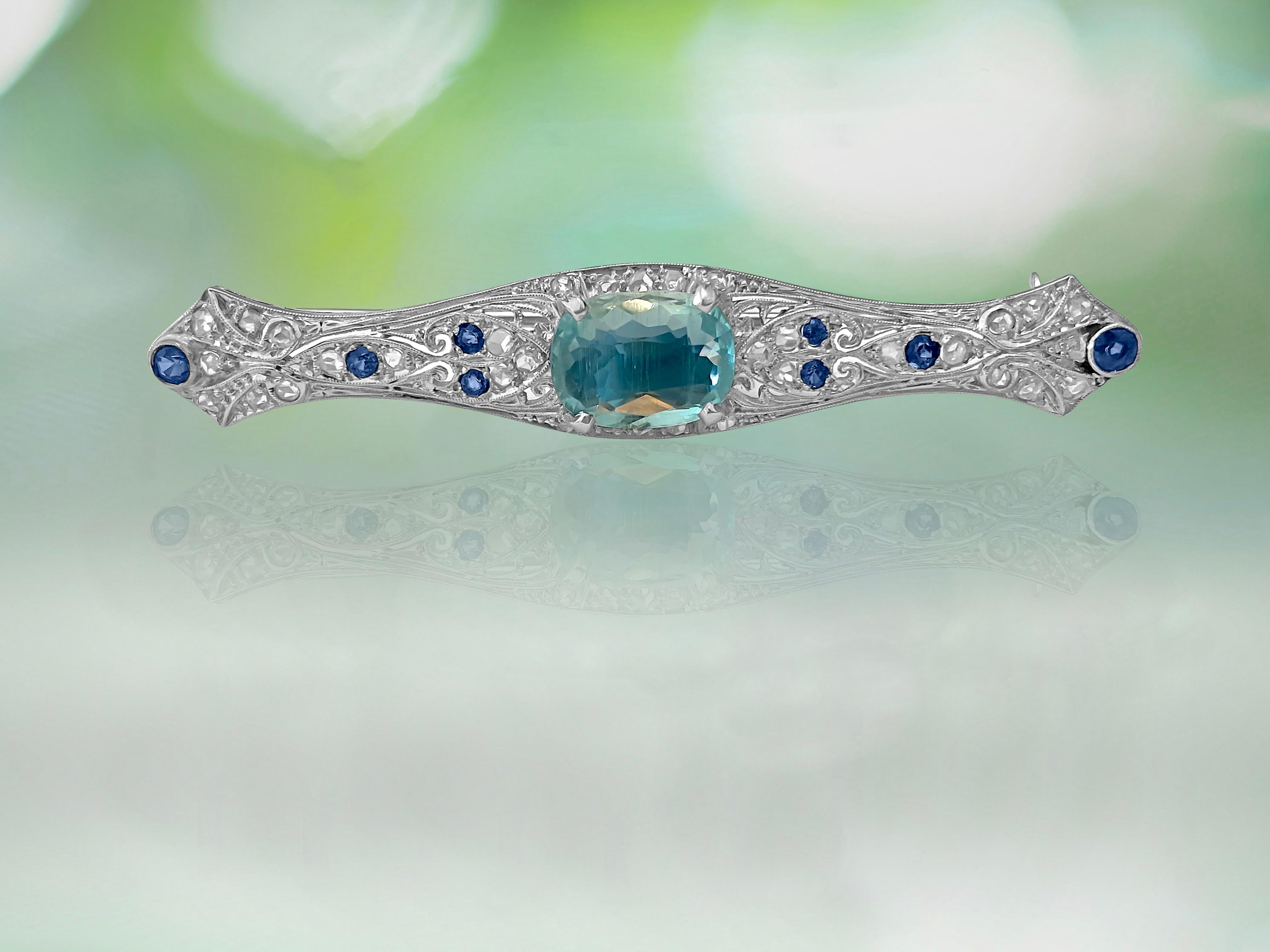 Women's Sapphire Diamond and Aquamarine Art Deco Style Pin For Sale