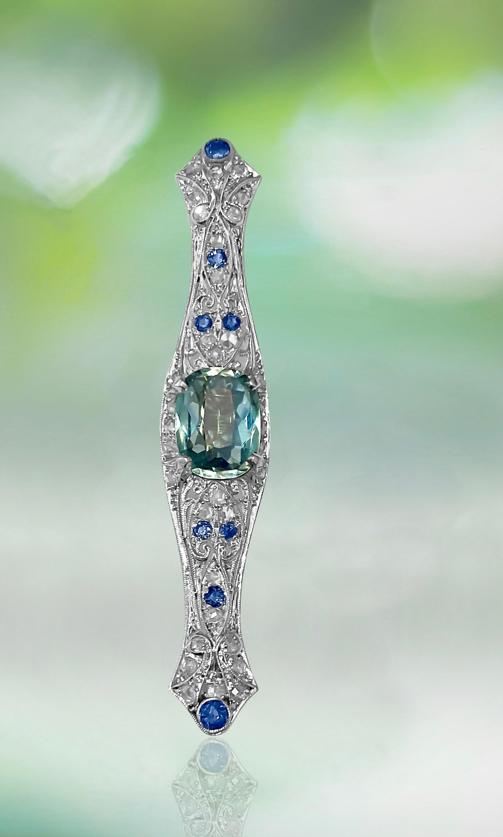Sapphire Diamond and Aquamarine Art Deco Style Pin For Sale 1