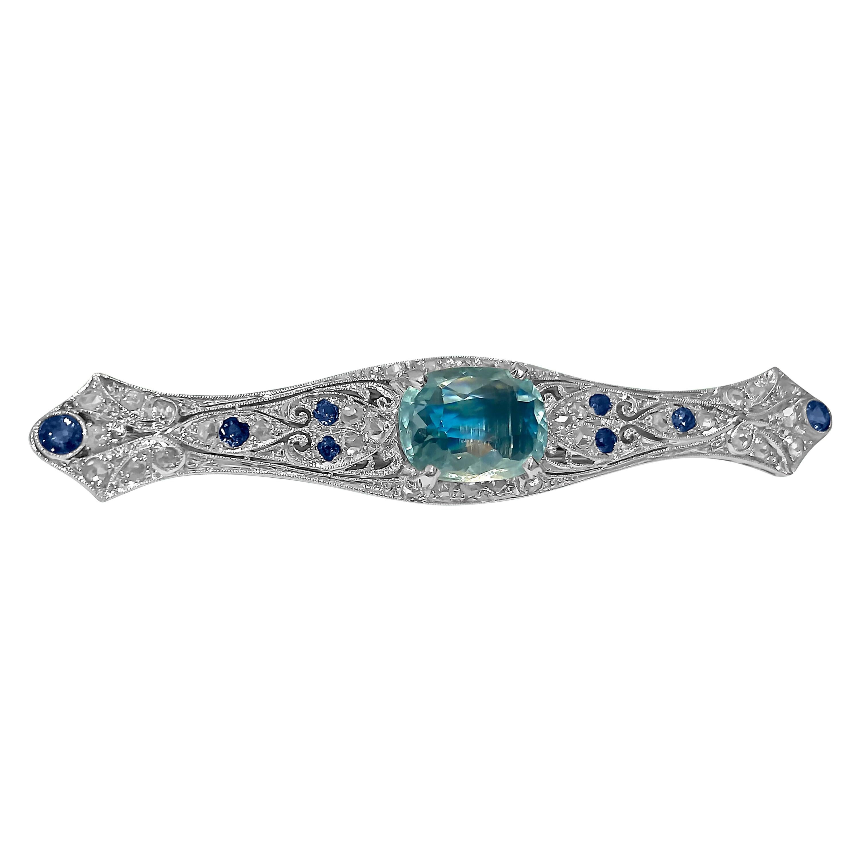 Sapphire Diamond and Aquamarine Art Deco Style Pin For Sale