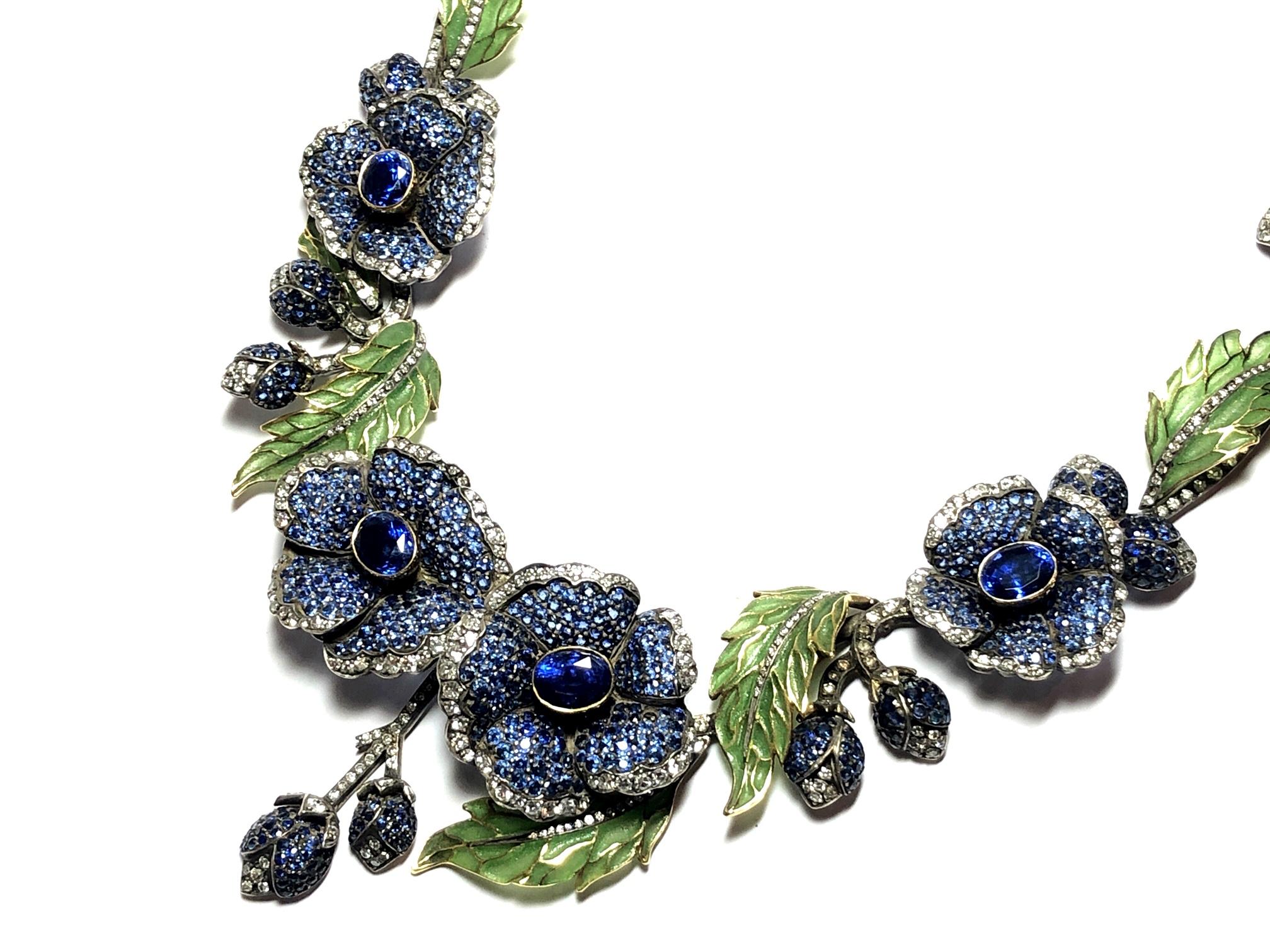 Modern Sapphire, Diamond and Gold Plique-à-Jour Flower Necklace