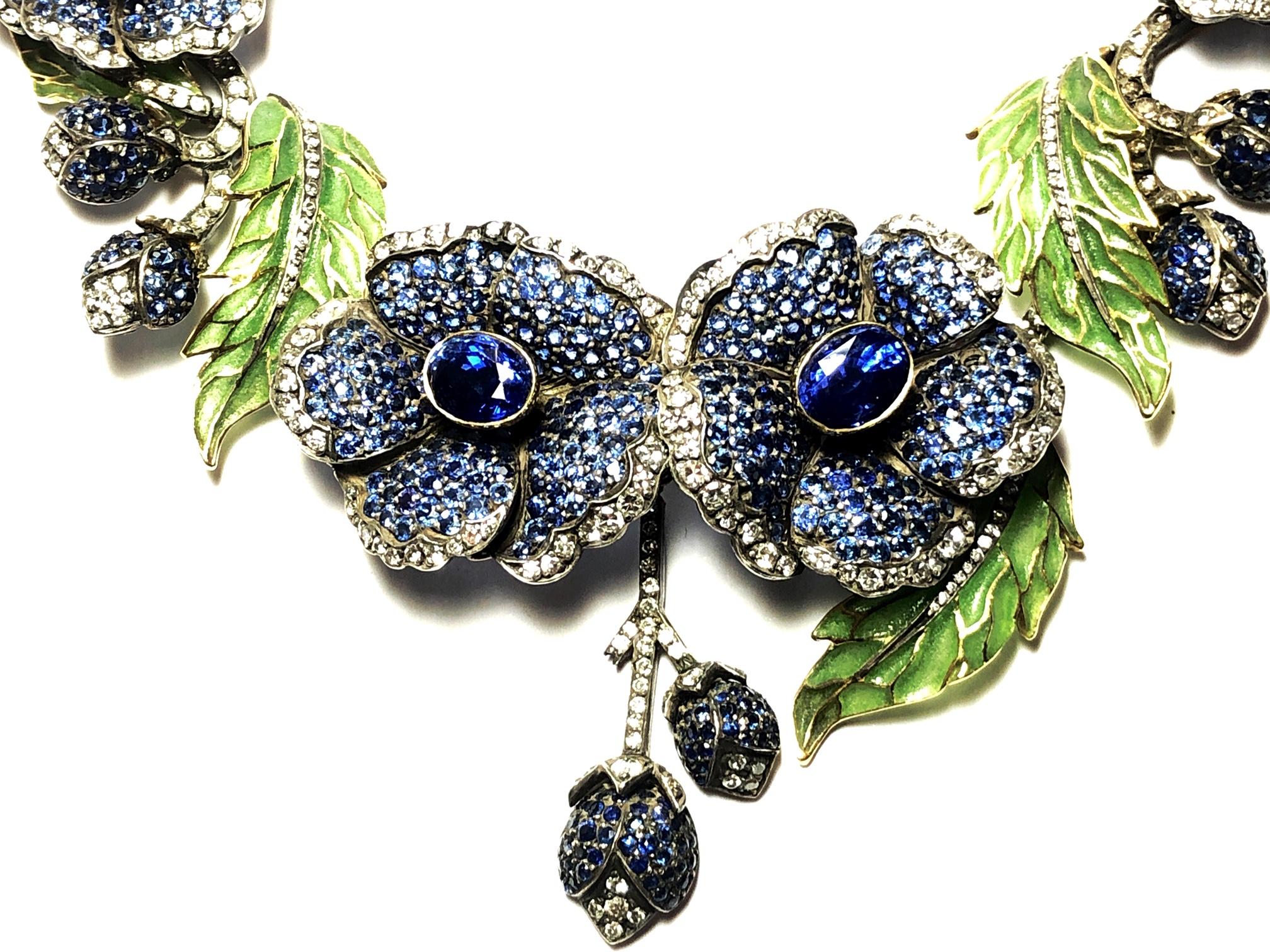 Round Cut Sapphire, Diamond and Gold Plique-à-Jour Flower Necklace