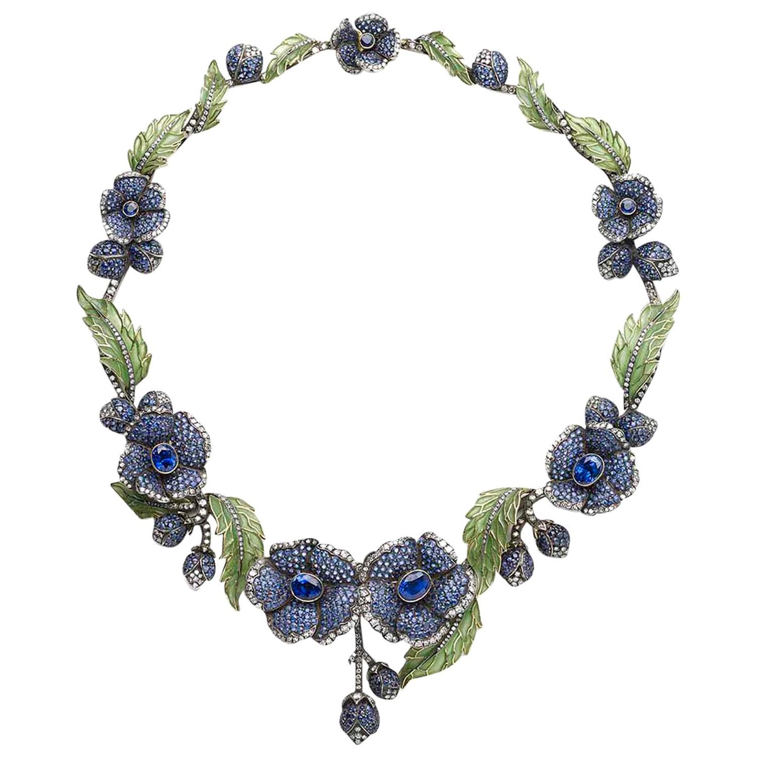Sapphire, Diamond and Gold Plique-à-Jour Flower Necklace
