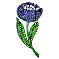 Sapphire, Diamond and Green Tsavorite 18 Karat Large Flower Brooch