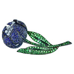 Sapphire, Diamond and Green Tsavorite 18 Karat Large Flower Brooch