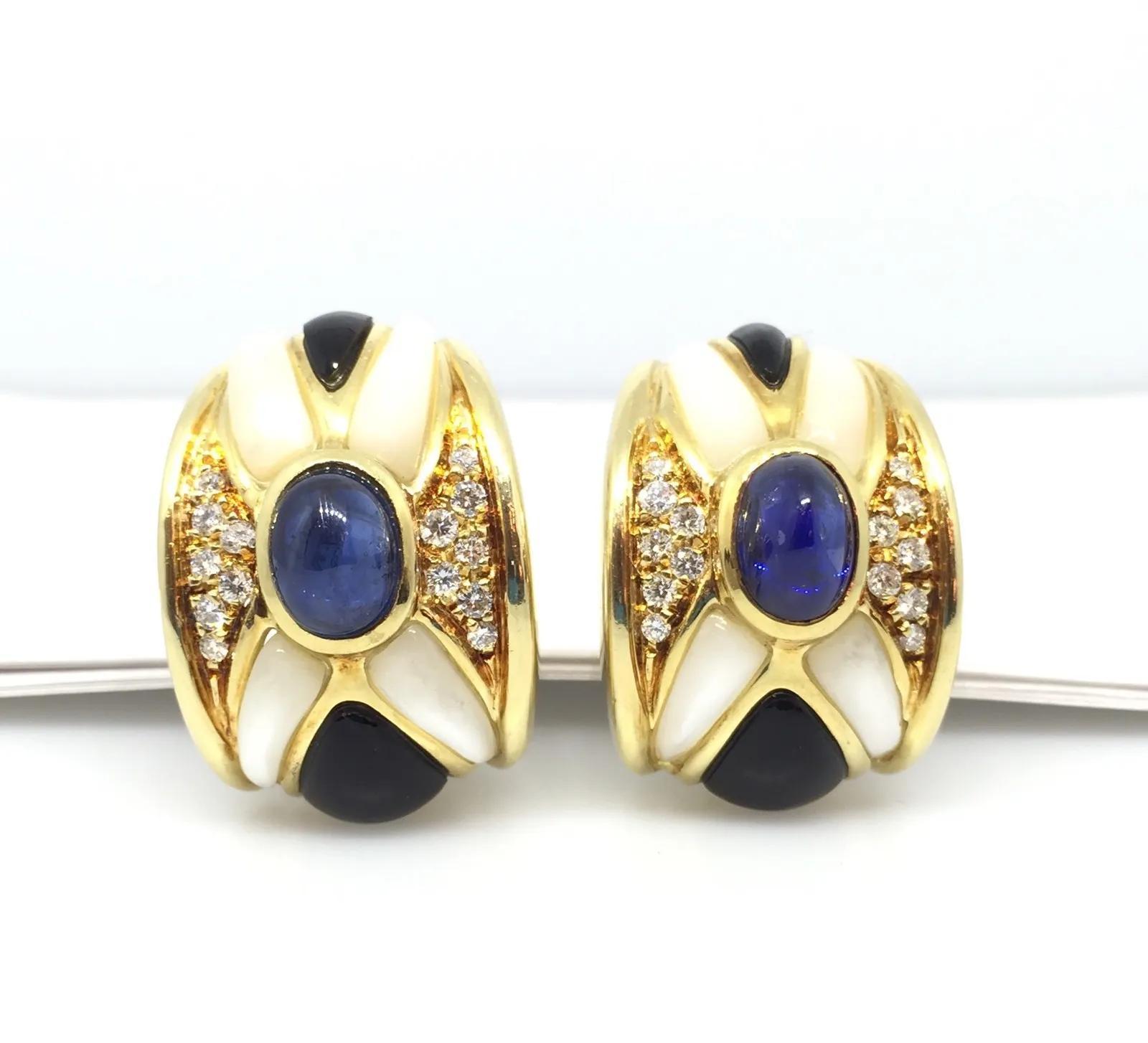 Oval Cut Sapphire, Diamond, and Onyx Earrings in 18K Yellow Gold For Sale