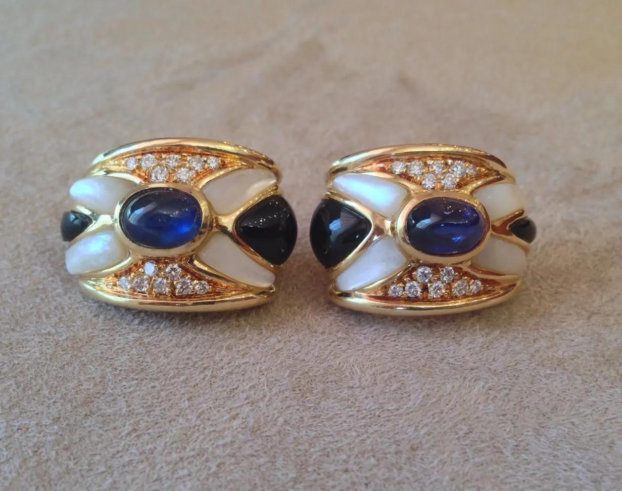 Sapphire, Diamond, and Onyx Earrings in 18K Yellow Gold In Excellent Condition For Sale In La Jolla, CA