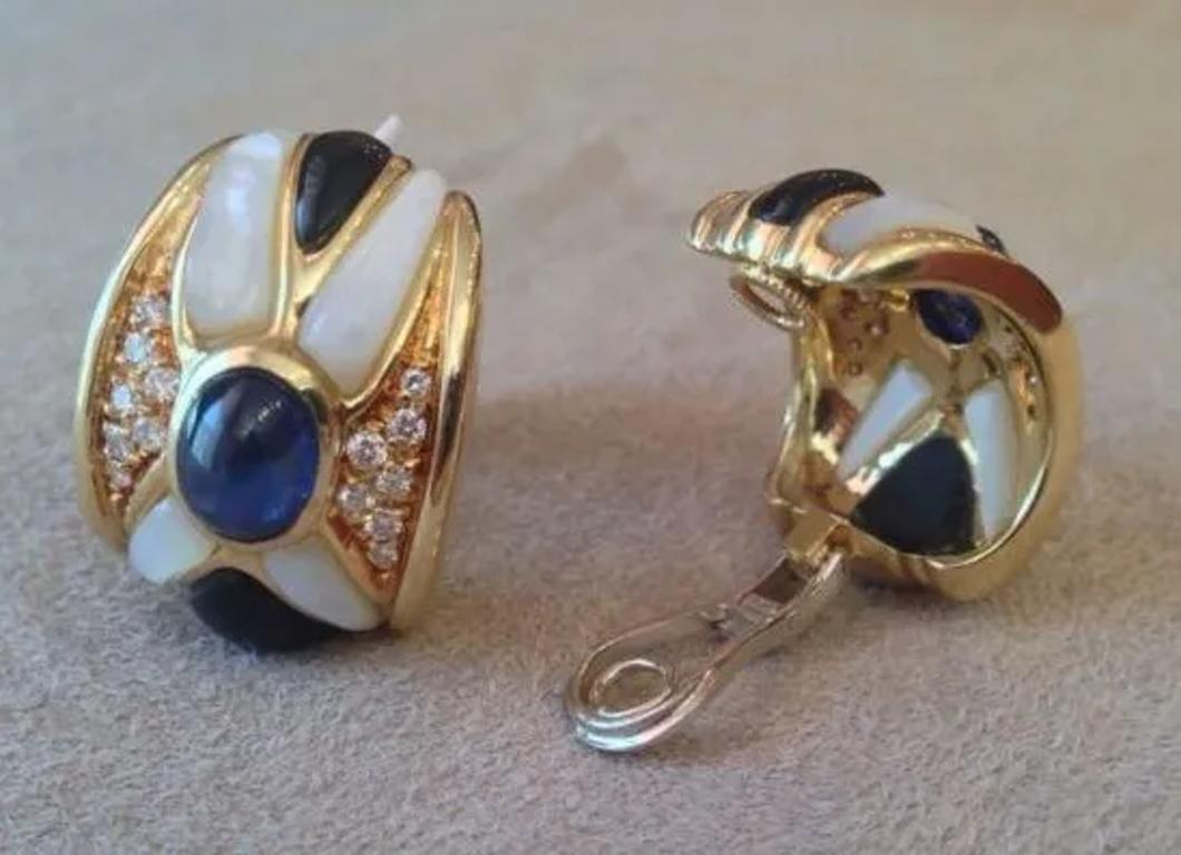 Saphir-, Diamant- und Onyx-Ohrringe aus 18 Karat Gelbgold Damen im Angebot