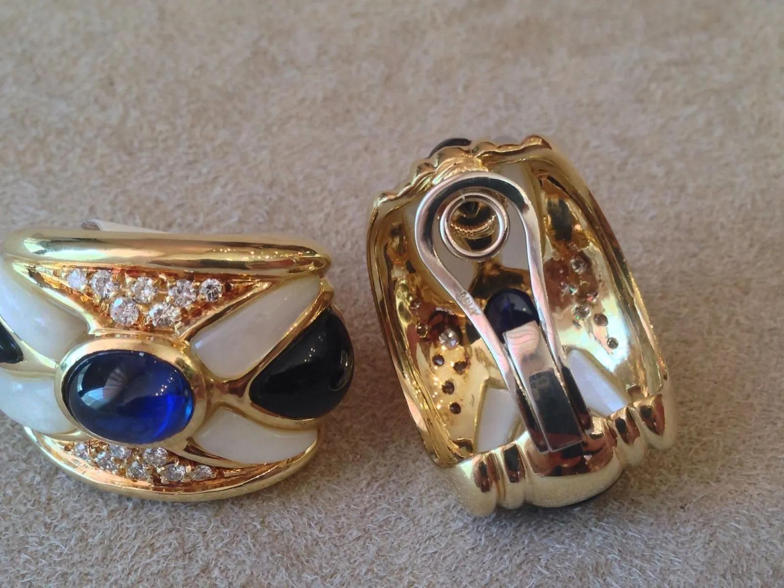 Sapphire, Diamond, and Onyx Earrings in 18K Yellow Gold For Sale 1