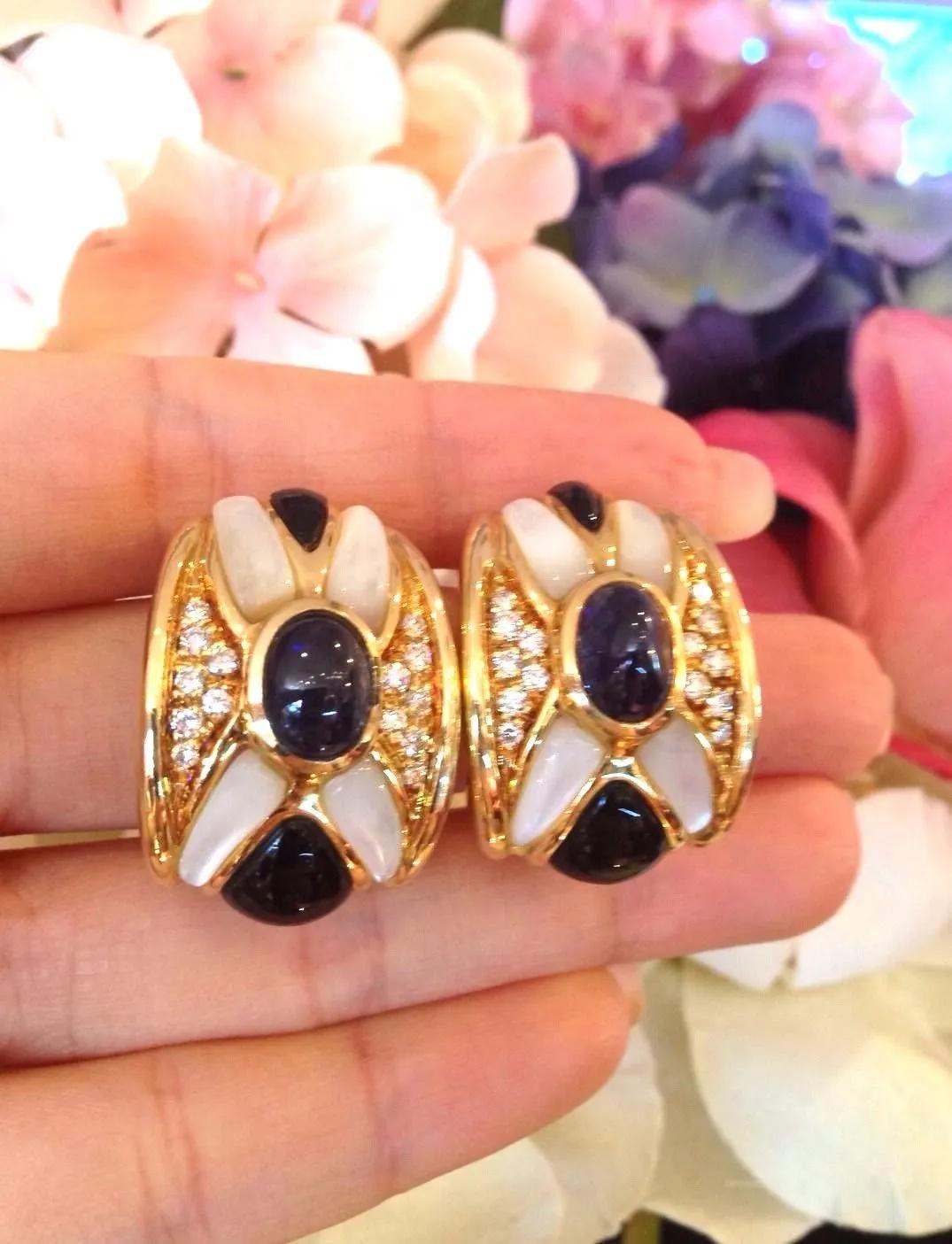 Sapphire, Diamond, and Onyx Earrings in 18K Yellow Gold For Sale 2