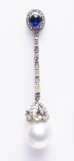 Sapphire, Diamond and Pearl Dangle Earrings