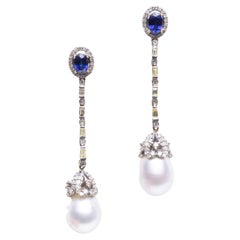 Sapphire, Diamond and Pearl Dangle Earrings