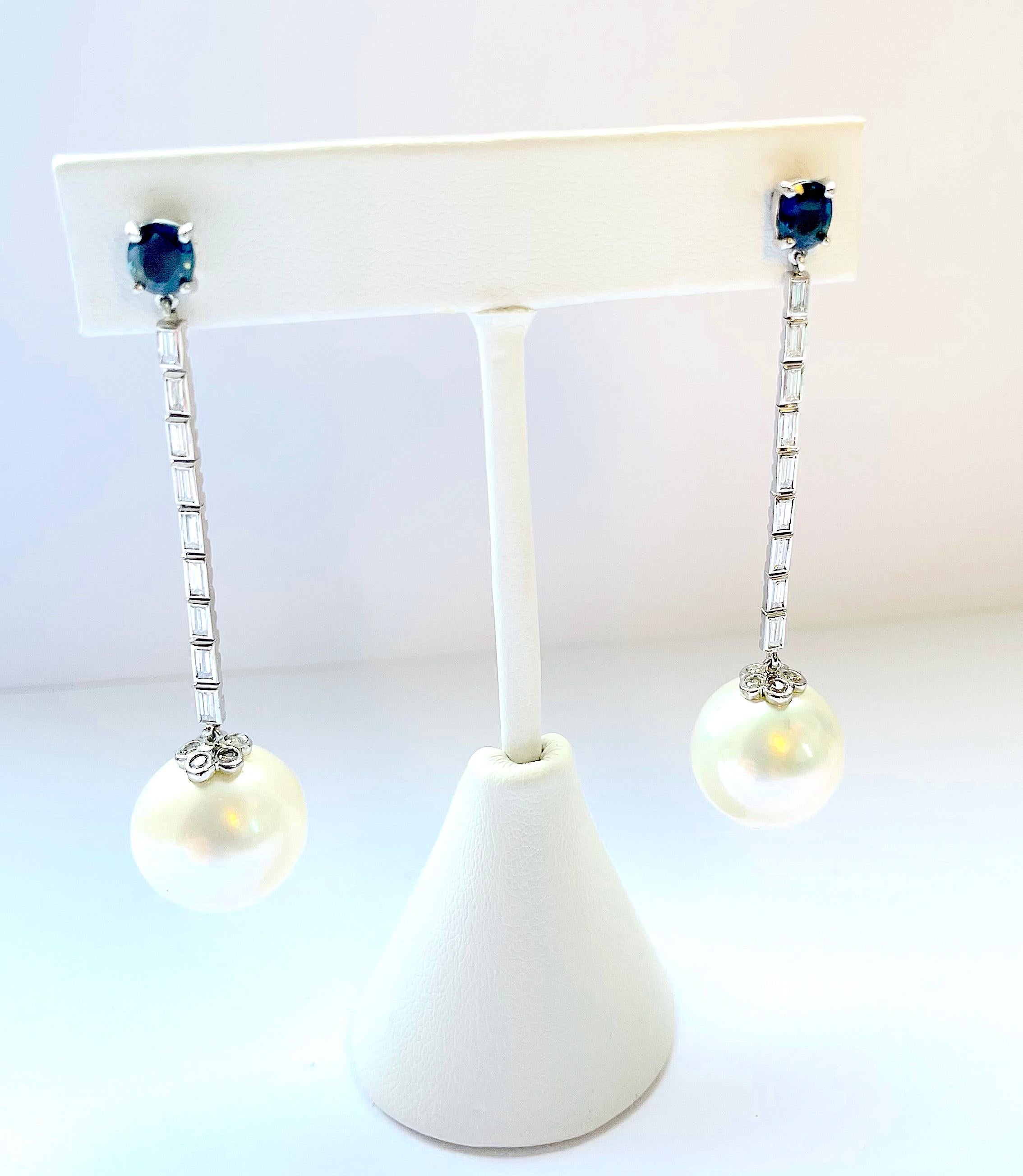 Contemporary Sapphire Diamond and Pearl Drop Earring A. Clunn For Sale