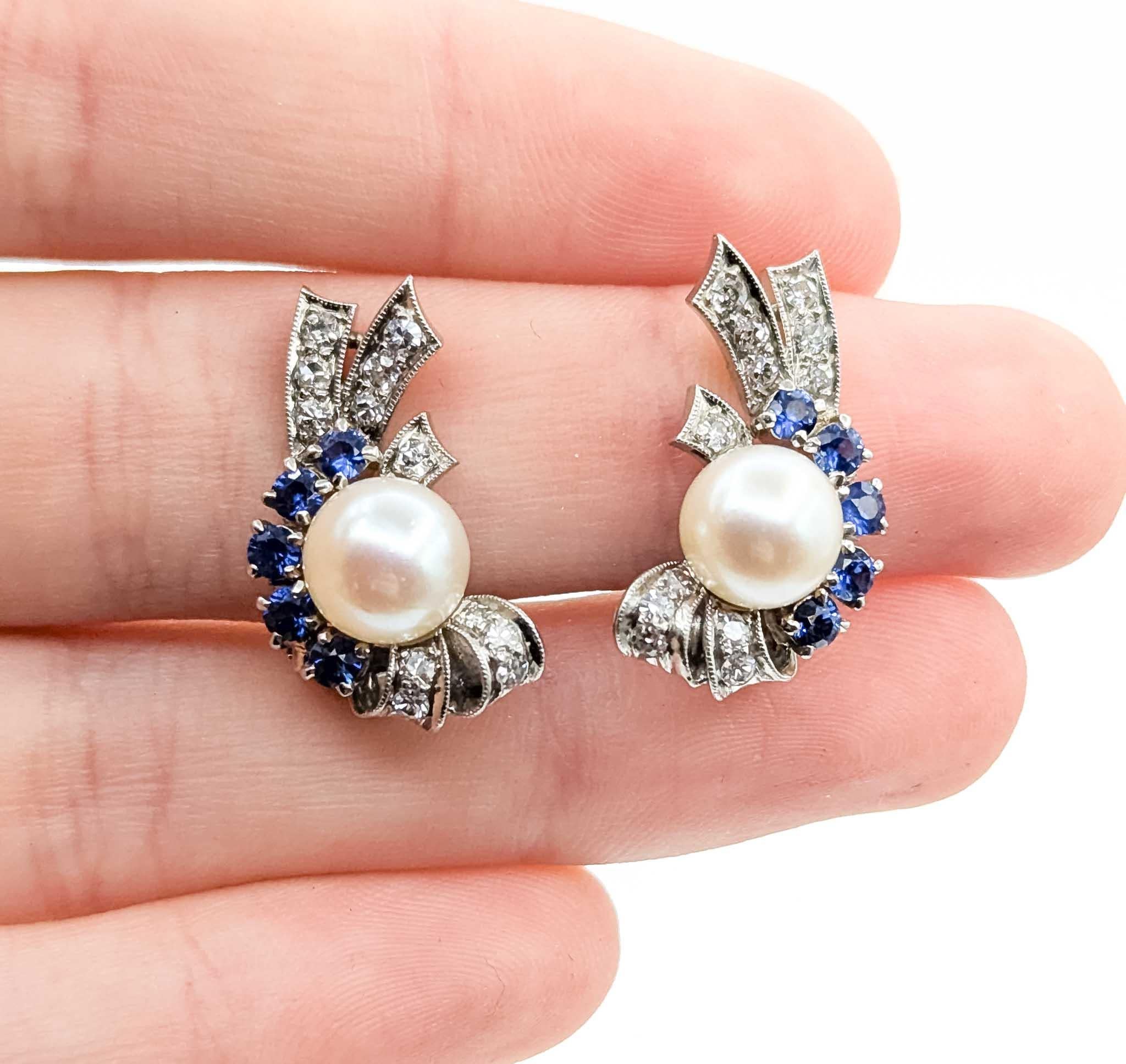 Pendientes de Zafiro, Diamante y Perla en Oro Blanco de 14k Corte único en venta