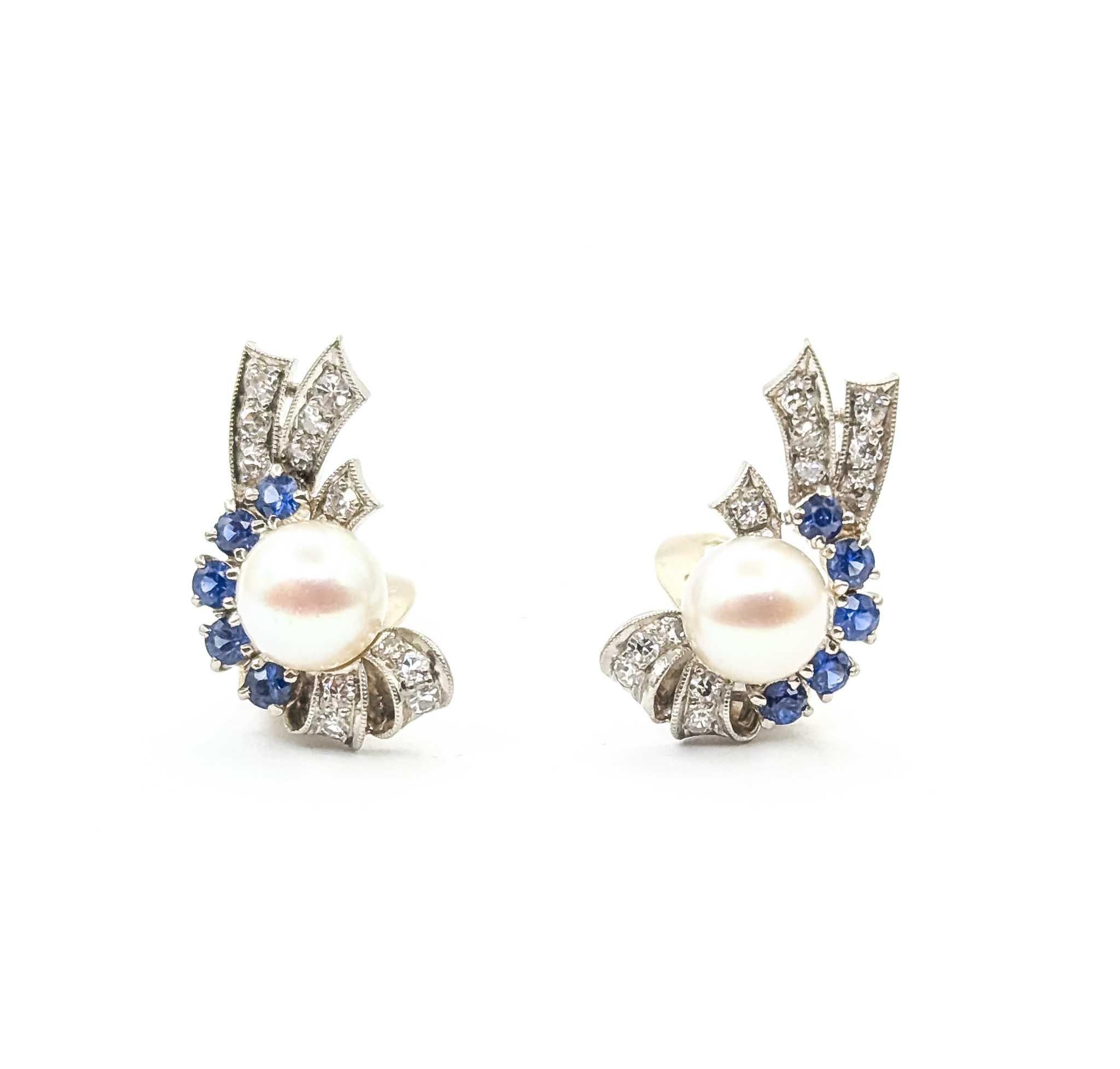 Pendientes de Zafiro, Diamante y Perla en Oro Blanco de 14k en venta 1
